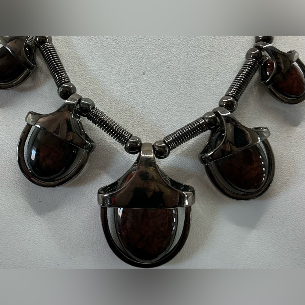 EVA GUNMETAL BROWN CABOCHON STATEMENT NECKLACE HEAVYWEIGHT - Picture 2 of 3
